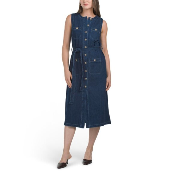 ZOE & CLAIRE Denim Blue Sleeveless Denim Midi Dress - Picture 1 of 2
